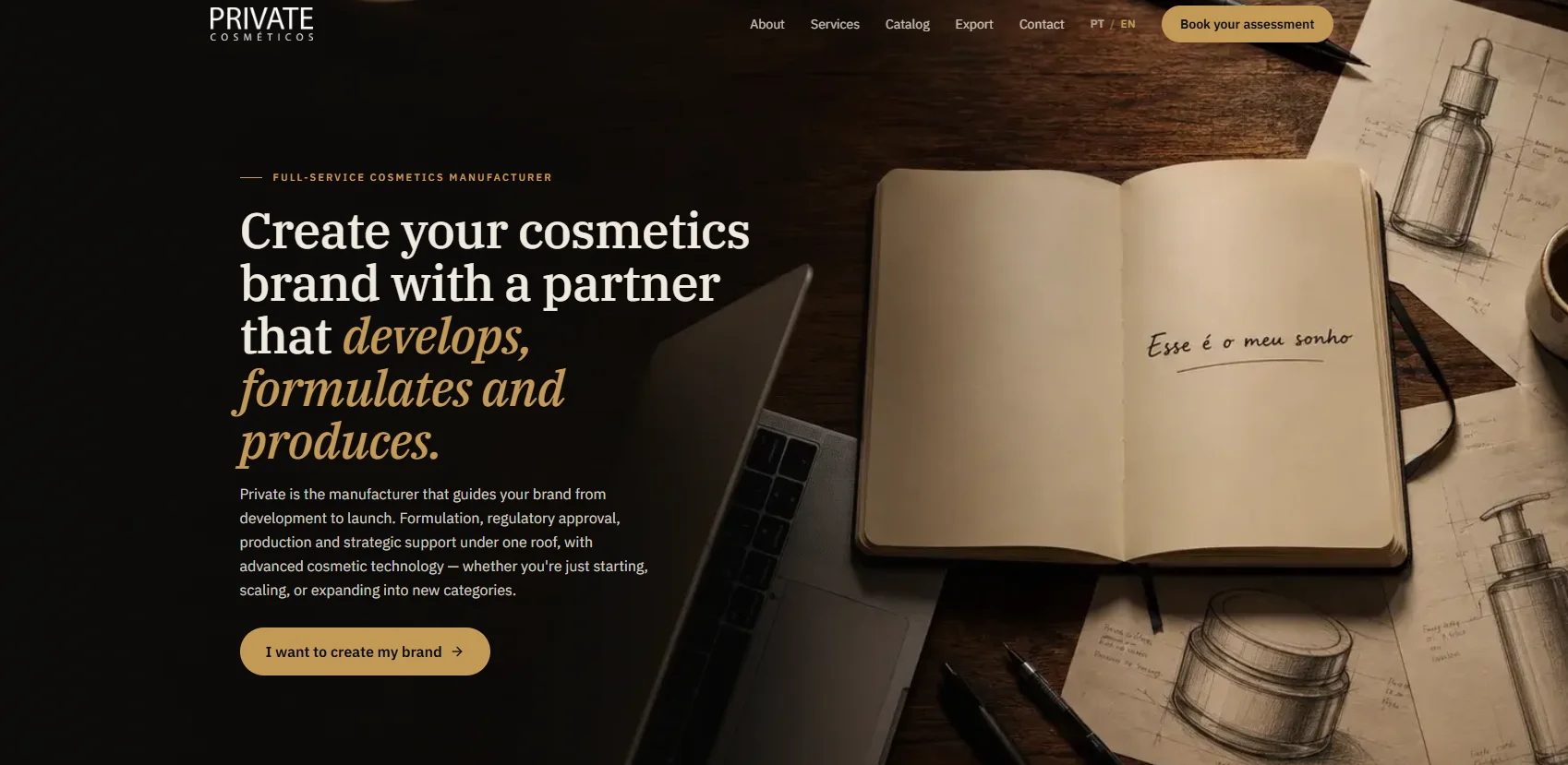 Homepage design featuring a cosmetics brand development service, with a notebook, design sketches, a coffee cup, and a laptop on a wooden desk.